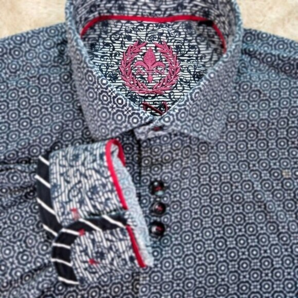 Au Noir Dress Shirt Geometric Pattern Long Sleeve All Over Print Men's Size 2 - Picture 1 of 12